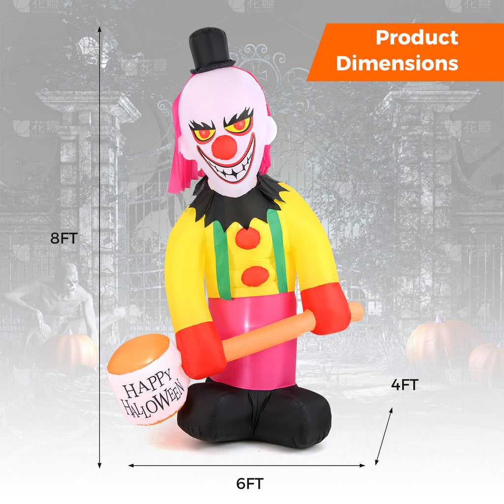 Inflatable Halloween Head Turning Clown with Hammer & Flashing Eyes - 5.9x7.9 FT, Festive Decor, Variations Available