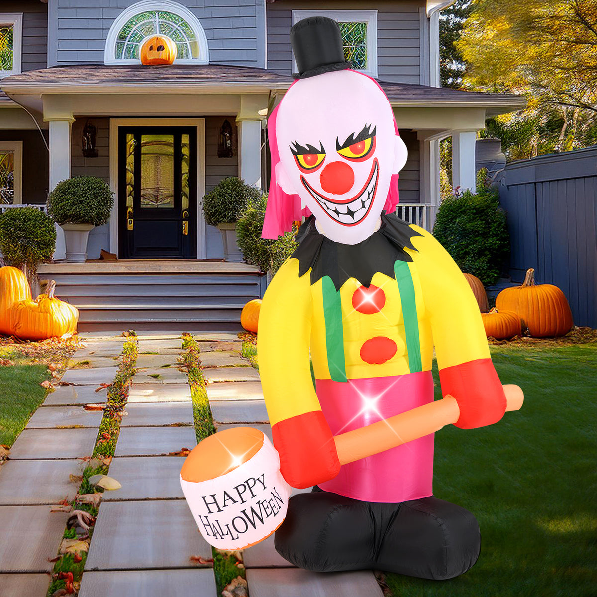Inflatable Halloween Head Turning Clown with Hammer & Flashing Eyes - 5.9x7.9 FT, Festive Decor, Variations Available