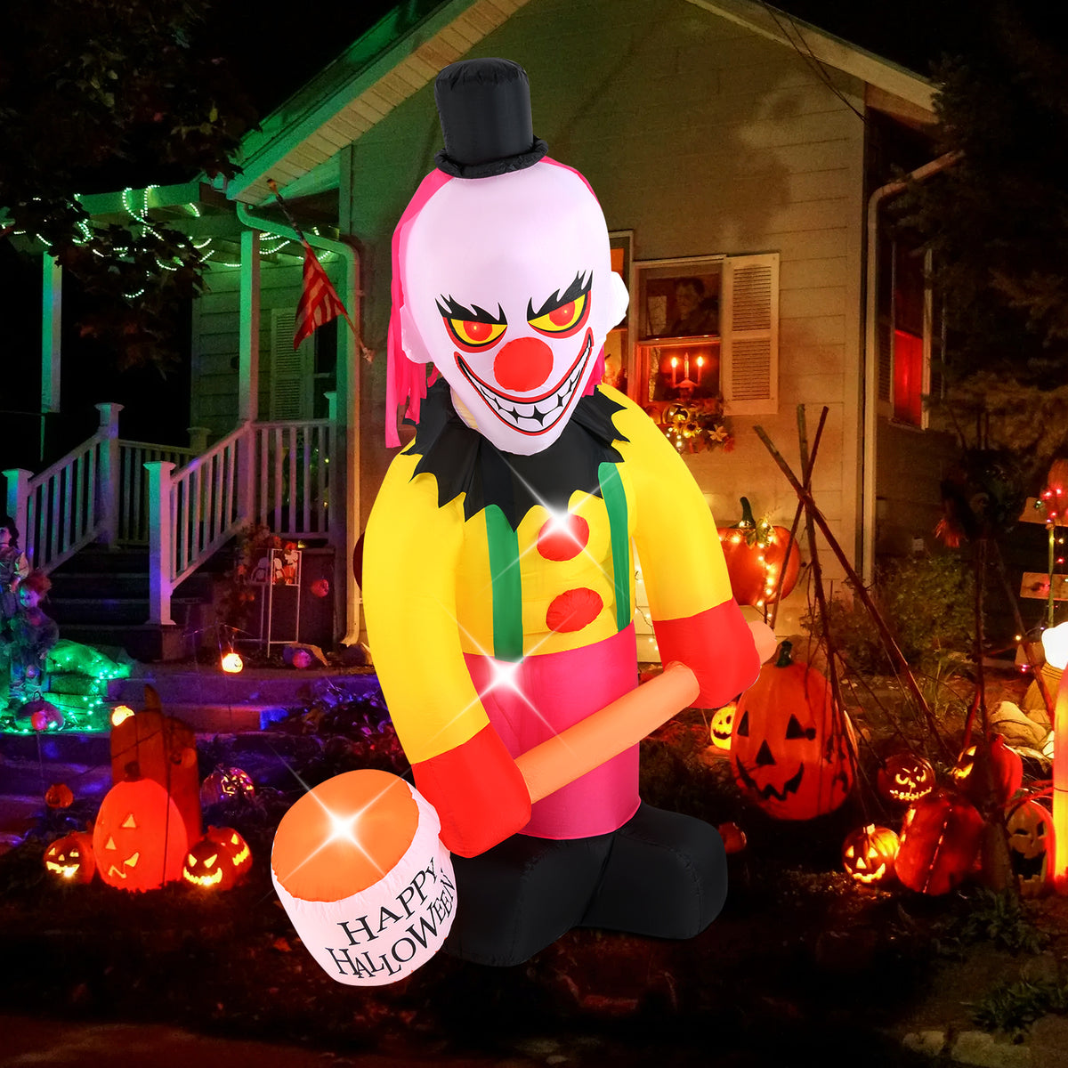 Inflatable Halloween Head Turning Clown with Hammer & Flashing Eyes - 5.9x7.9 FT, Festive Decor, Variations Available