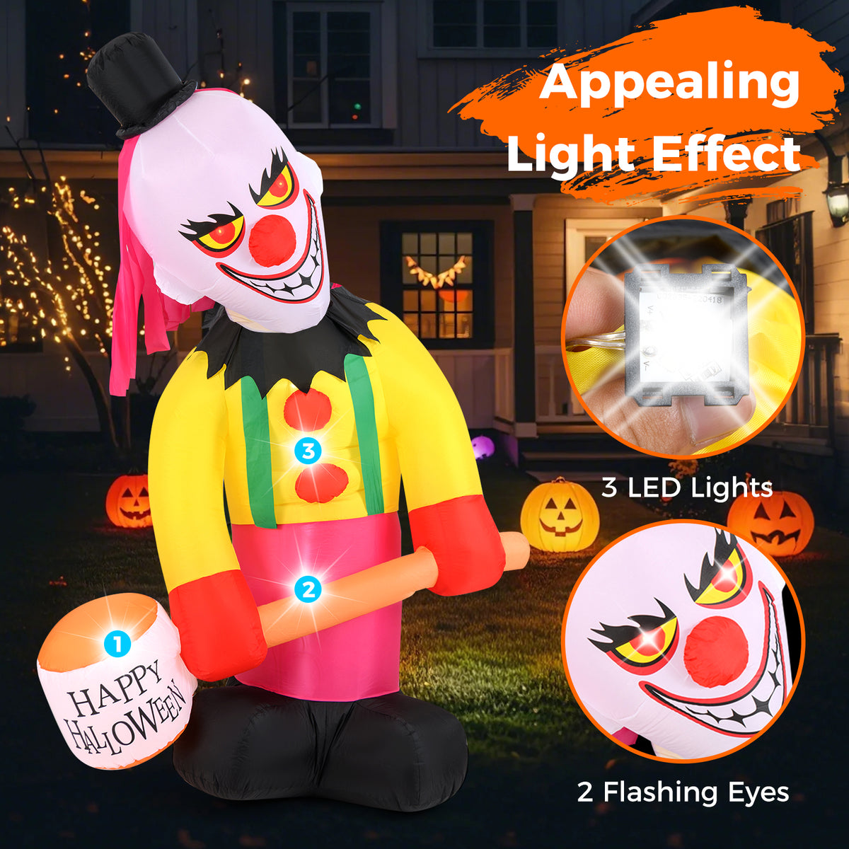 Inflatable Halloween Head Turning Clown with Hammer & Flashing Eyes - 5.9x7.9 FT, Festive Decor, Variations Available