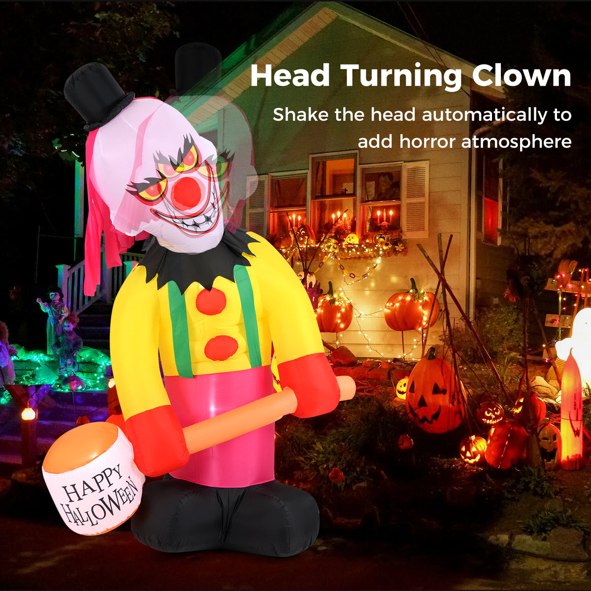 Inflatable Halloween Head Turning Clown with Hammer & Flashing Eyes - 5.9x7.9 FT, Festive Decor, Variations Available