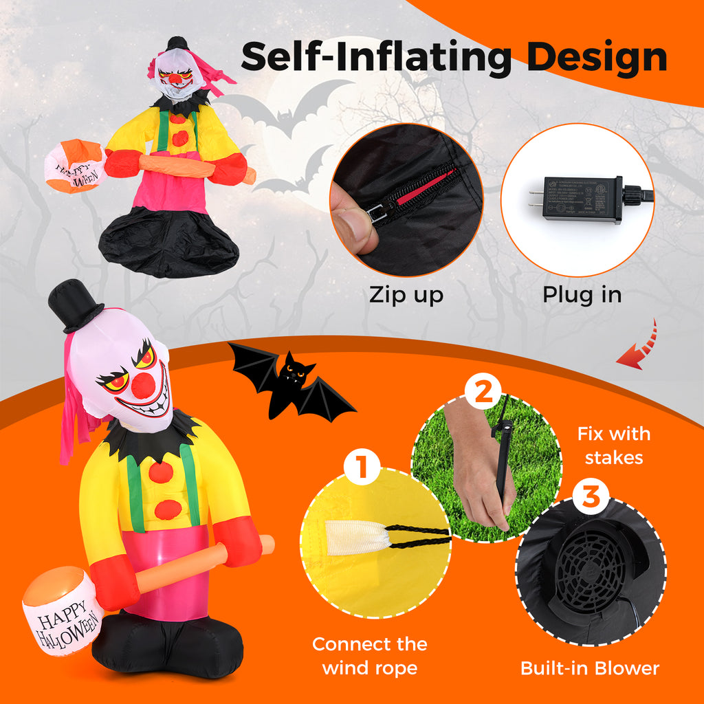 Inflatable Halloween Head Turning Clown with Hammer & Flashing Eyes - 5.9x7.9 FT, Festive Decor, Variations Available
