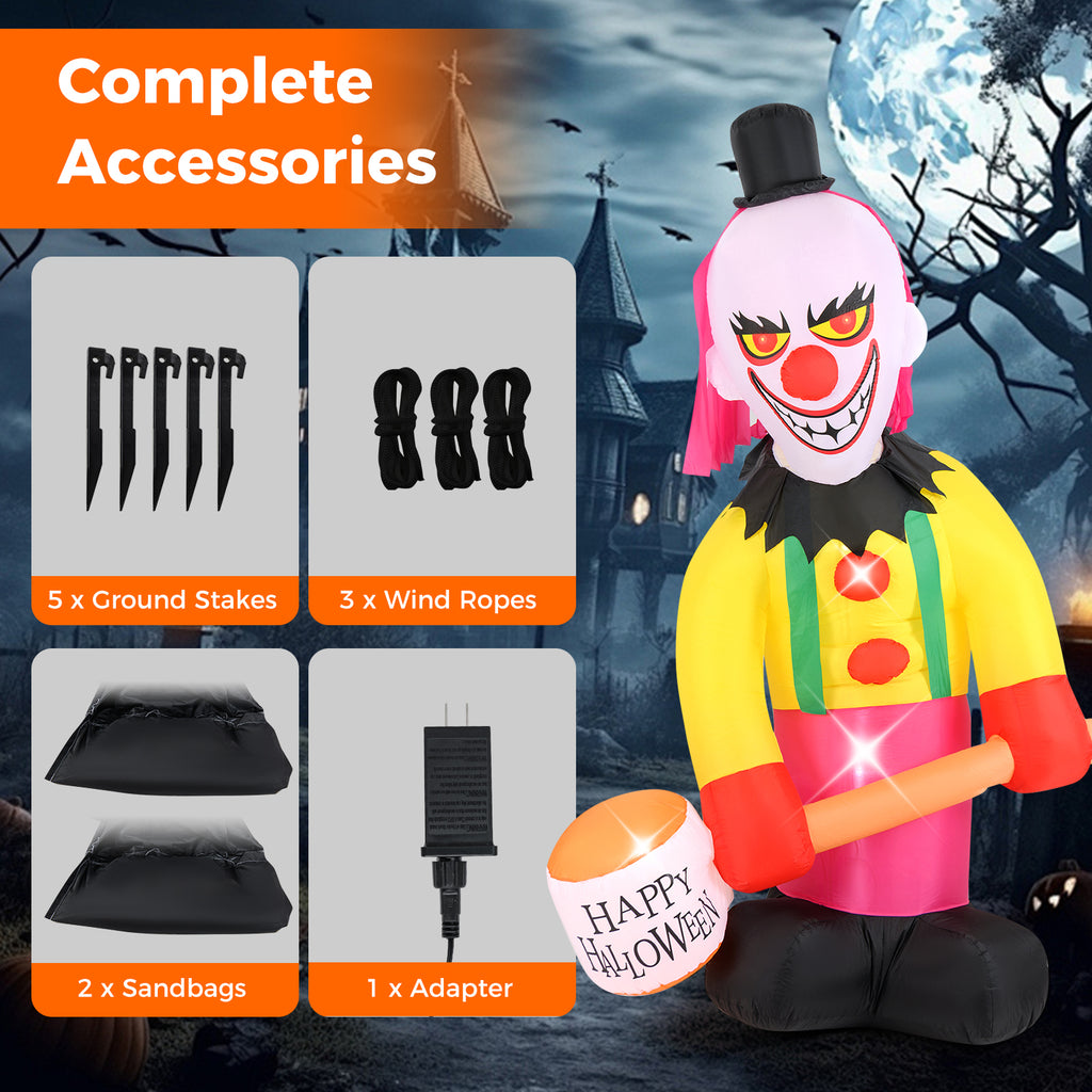 Inflatable Halloween Head Turning Clown with Hammer & Flashing Eyes - 5.9x7.9 FT, Festive Decor, Variations Available