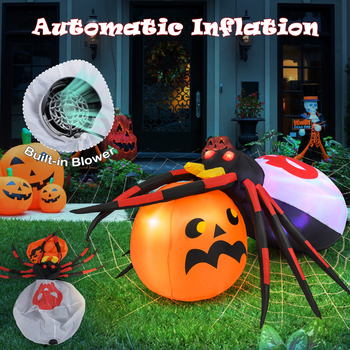 Inflatable Spider with Pumpkin and Rotating Light - 5 Feet Version