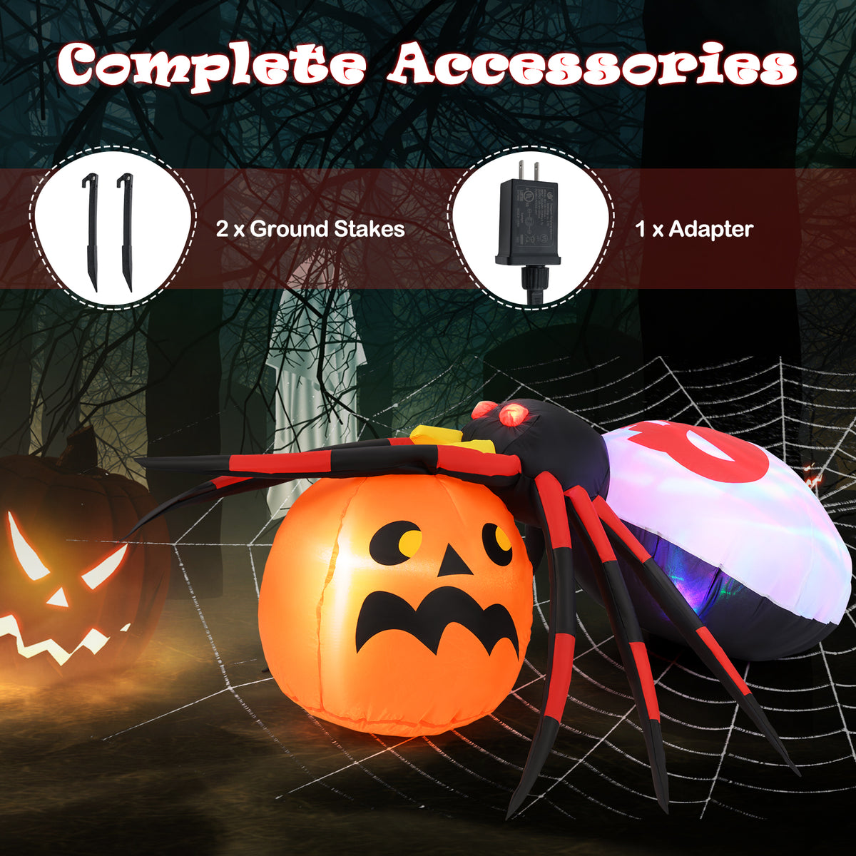 Inflatable Spider with Pumpkin and Rotating Light - 5 Feet Version