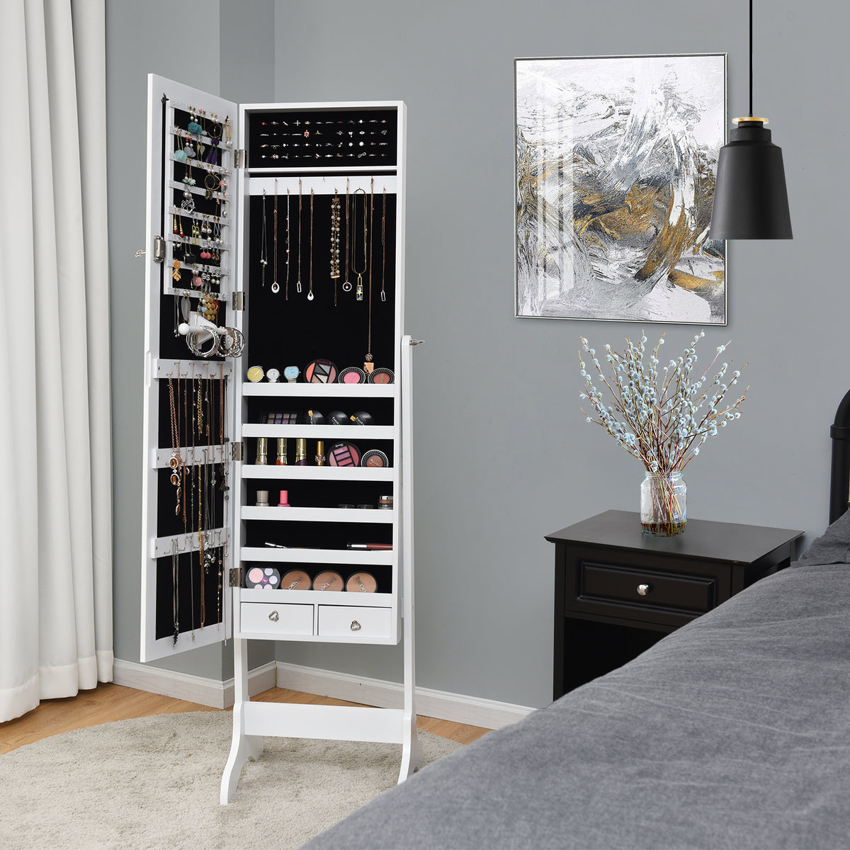 Lockable Mirrored Jewelry Cabinet Armoire, White