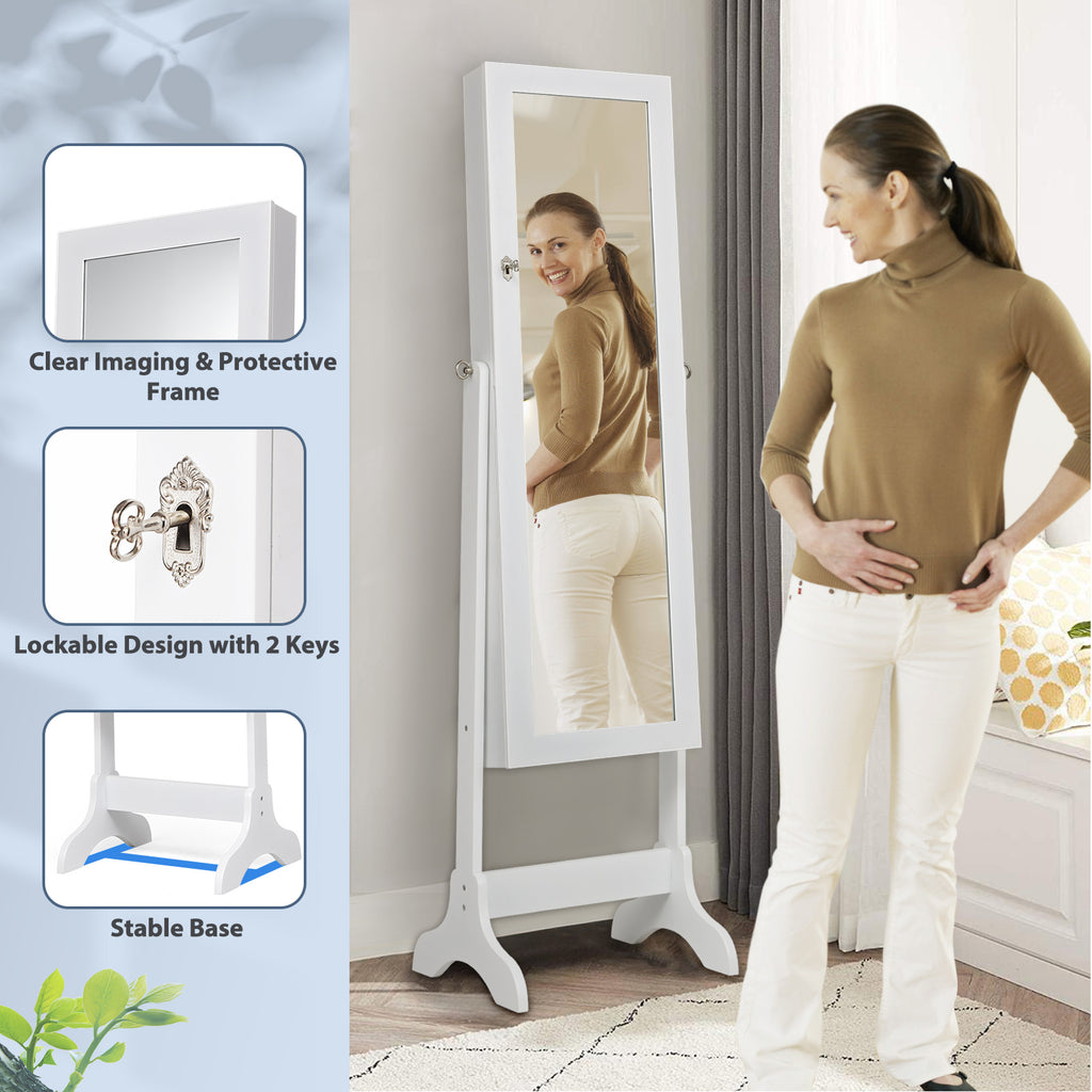 Lockable Mirrored Jewelry Cabinet Armoire, White