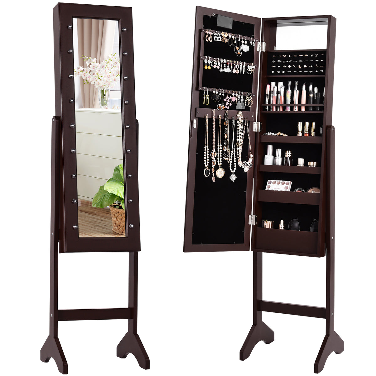 Mirrored Standing Jewelry Armoire with LED Lights - Brown