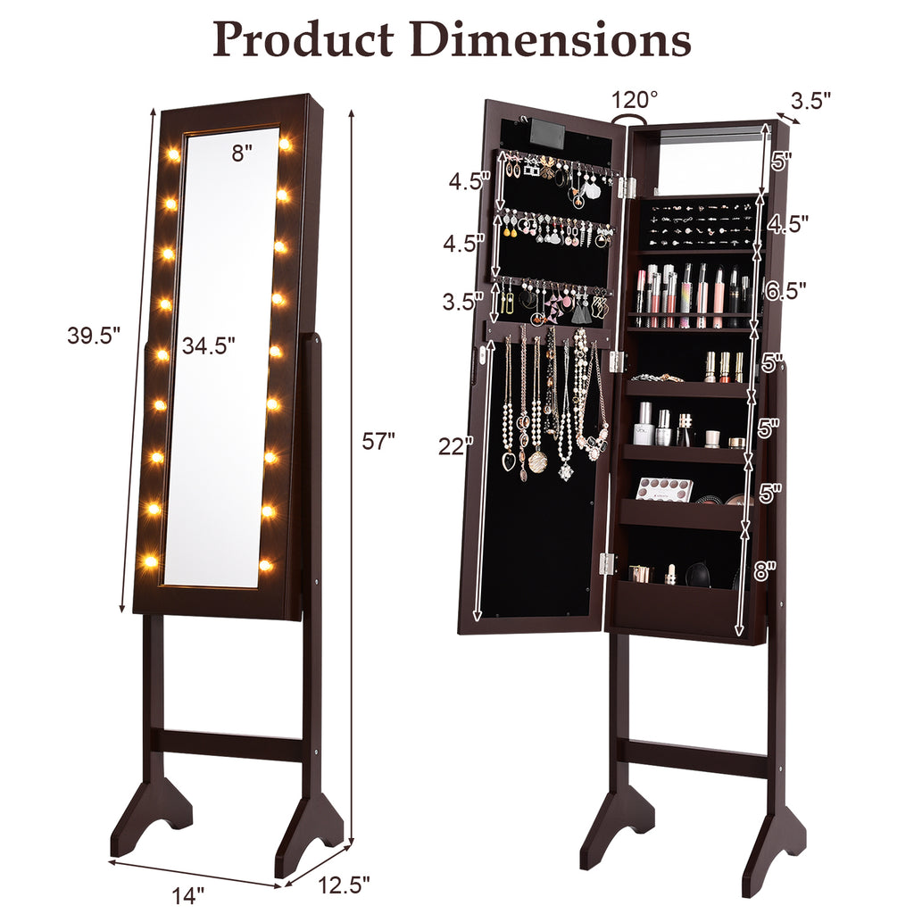 Mirrored Standing Jewelry Armoire with LED Lights - Brown