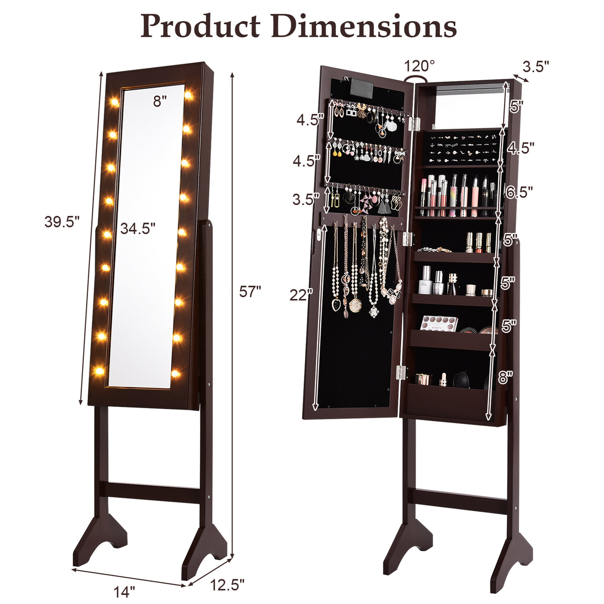 Mirrored Standing Jewelry Armoire with LED Lights - Brown