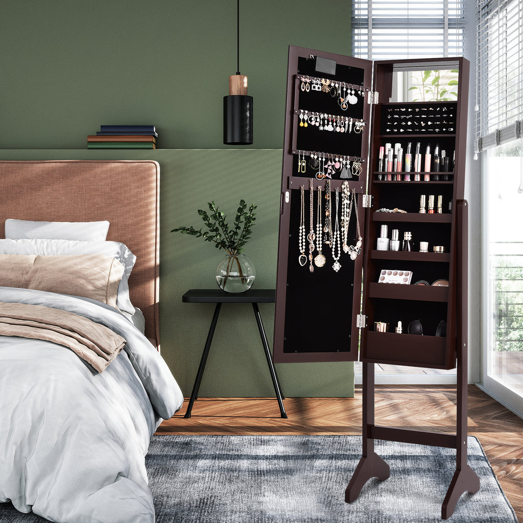 Mirrored Standing Jewelry Armoire with LED Lights - Brown