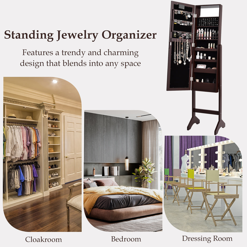 Mirrored Standing Jewelry Armoire with LED Lights - Brown