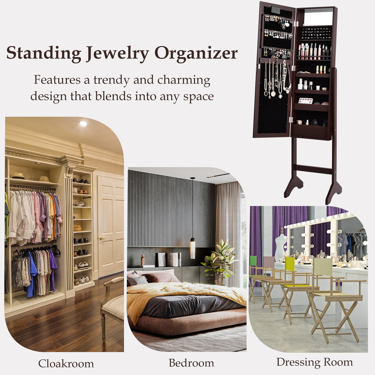 Mirrored Standing Jewelry Armoire with LED Lights - Brown