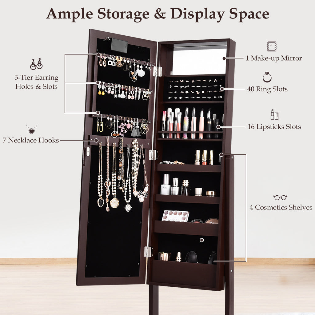 Mirrored Standing Jewelry Armoire with LED Lights - Brown