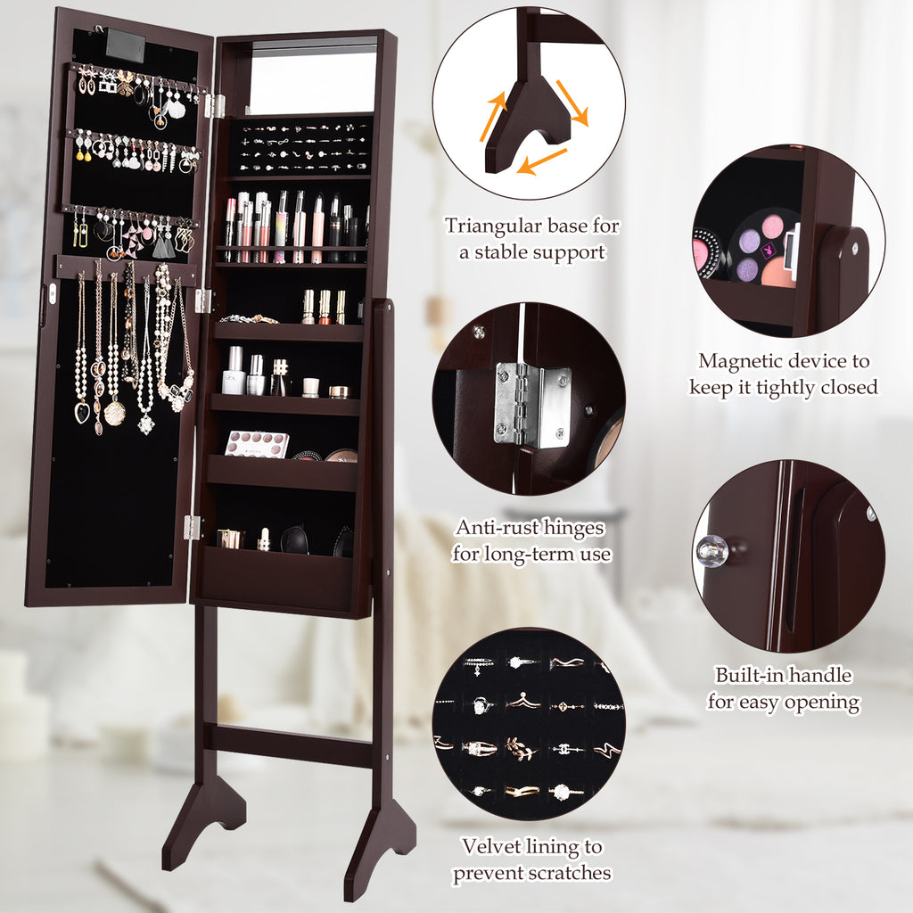 Mirrored Standing Jewelry Armoire with LED Lights - Brown