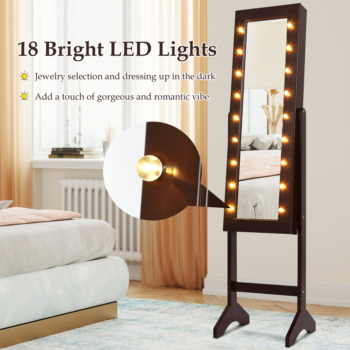 Mirrored Standing Jewelry Armoire with LED Lights - Brown