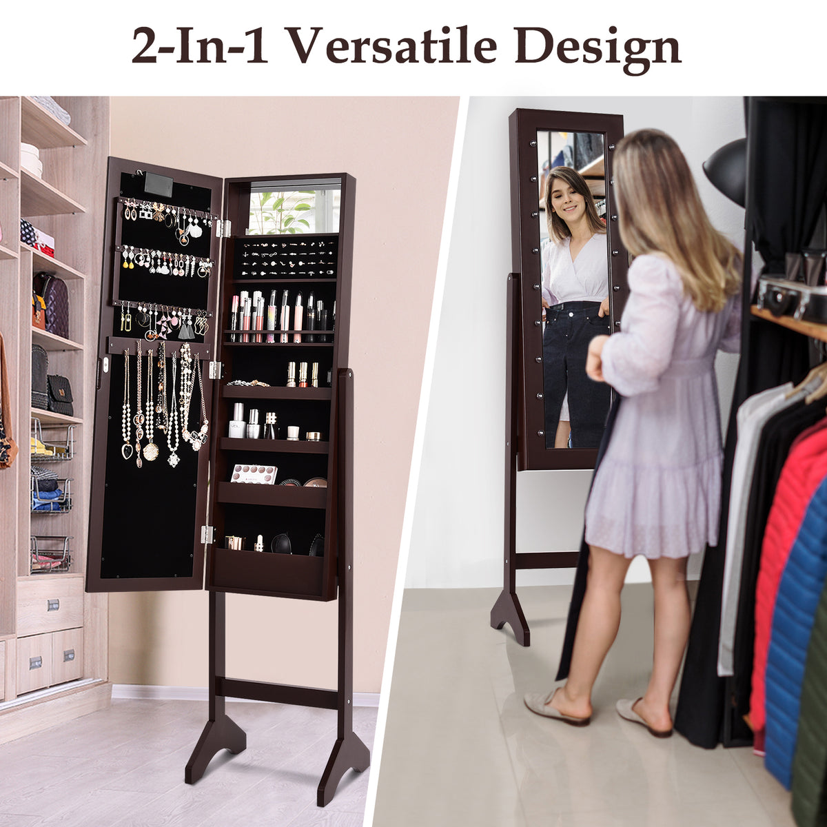 Mirrored Standing Jewelry Armoire with LED Lights - Brown