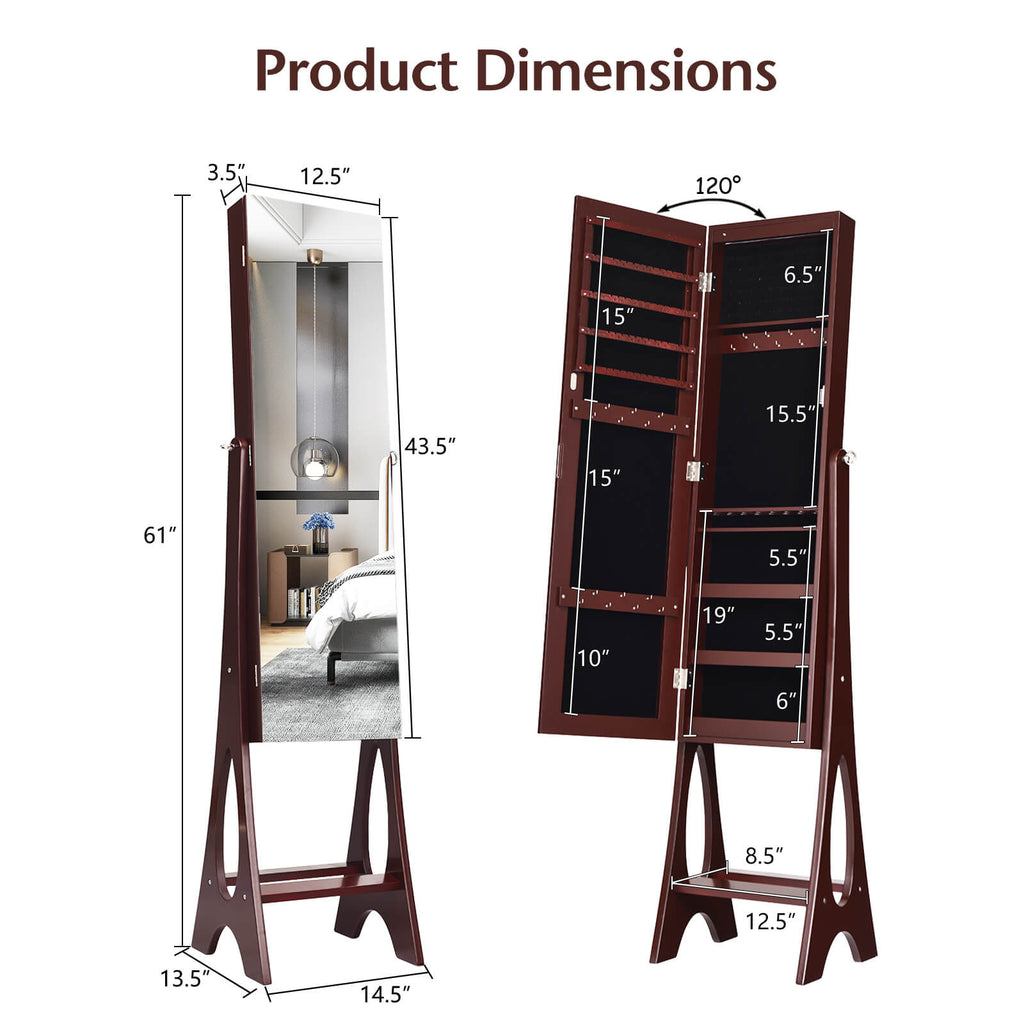 Freestanding Jewelry Cabinet Armoire with Mirror - Brown