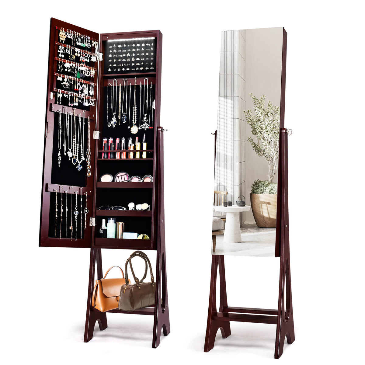 Freestanding Jewelry Cabinet Armoire with LED Mirror - Brown