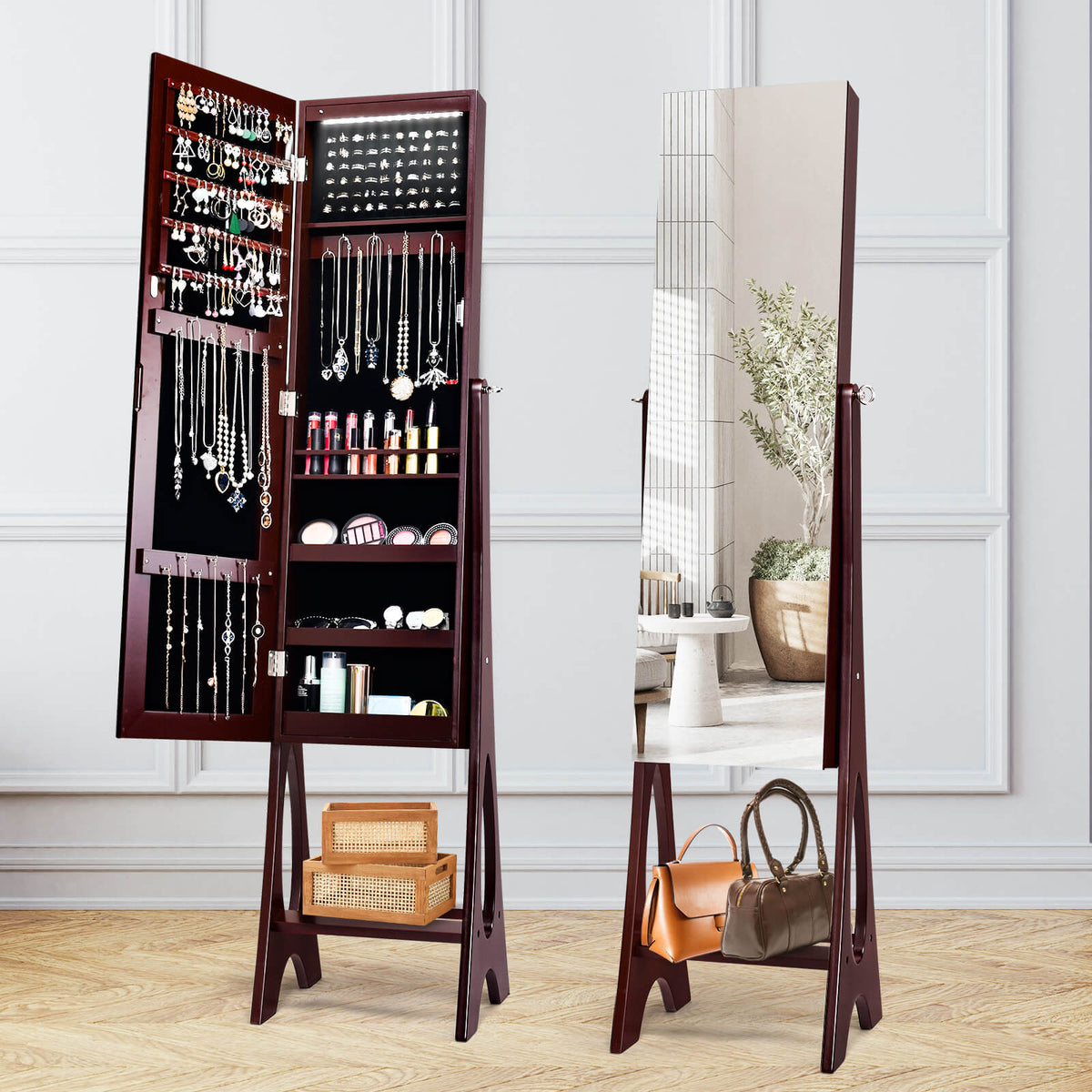 Freestanding Jewelry Cabinet Armoire with Mirror - Brown