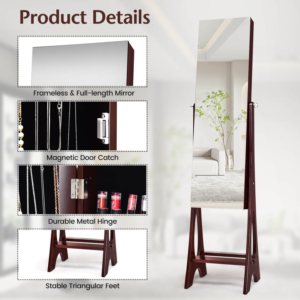 Freestanding Jewelry Cabinet Armoire with LED Mirror - Brown