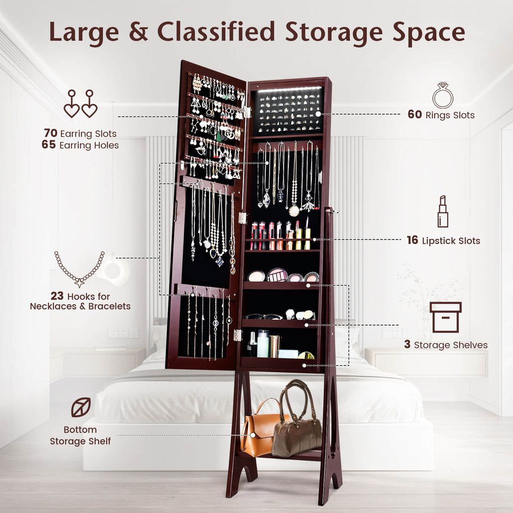 Freestanding Jewelry Cabinet Armoire with Mirror - Brown