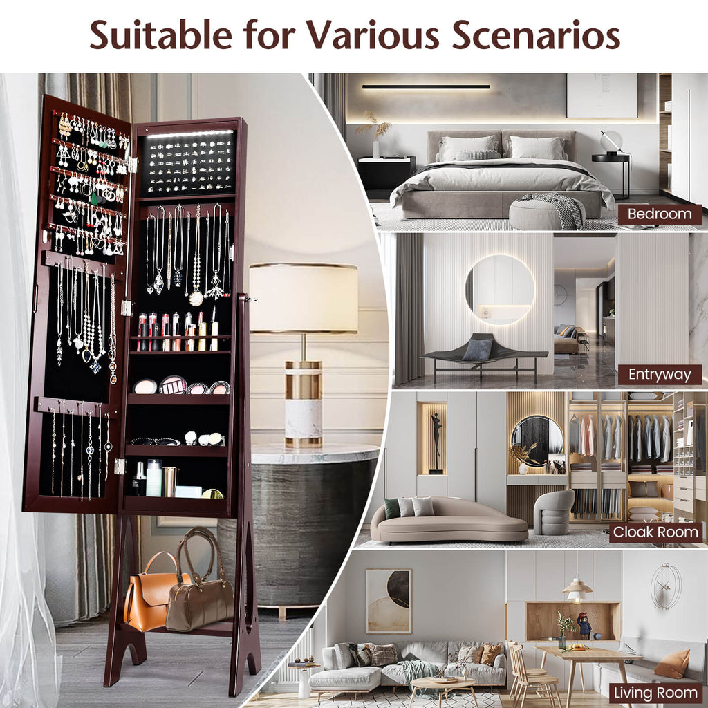 Freestanding Jewelry Cabinet Armoire with LED Mirror - Brown