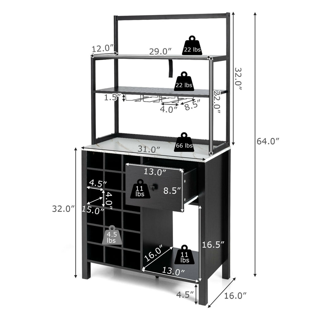 Kitchen Baker's Rack with Wine Glass Holder - Black