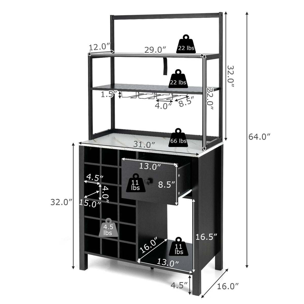 Kitchen Baker's Rack with Wine Glass Holder - Black