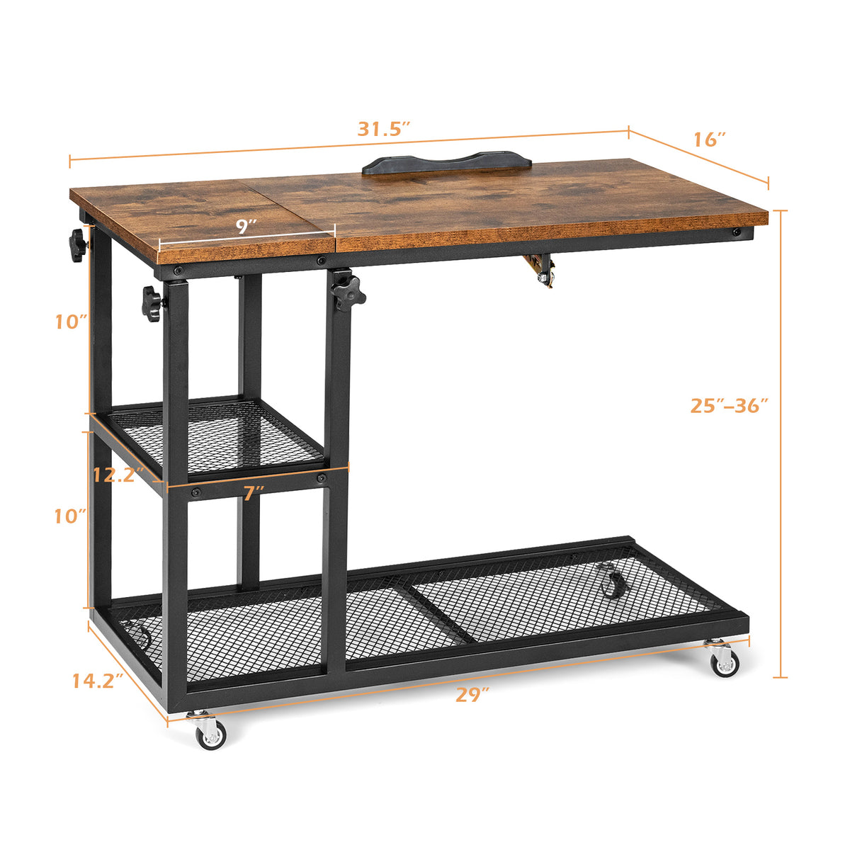 Height Adjustable C-Shaped End Table with Lockable Wheels, Rustic Brown