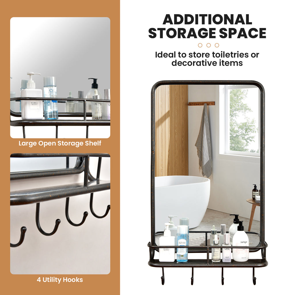 Wall Bathroom Mirror with Shelf Hooks - Metal Frame, 33x19 Inches, Shatterproof Glass, for Bedroom Living Room Entryway