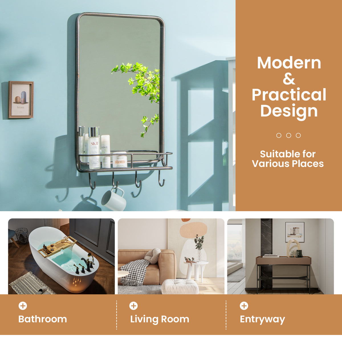 Wall Bathroom Mirror with Shelf Hooks - Metal Frame, 33x19 Inches, Shatterproof Glass, for Bedroom Living Room Entryway