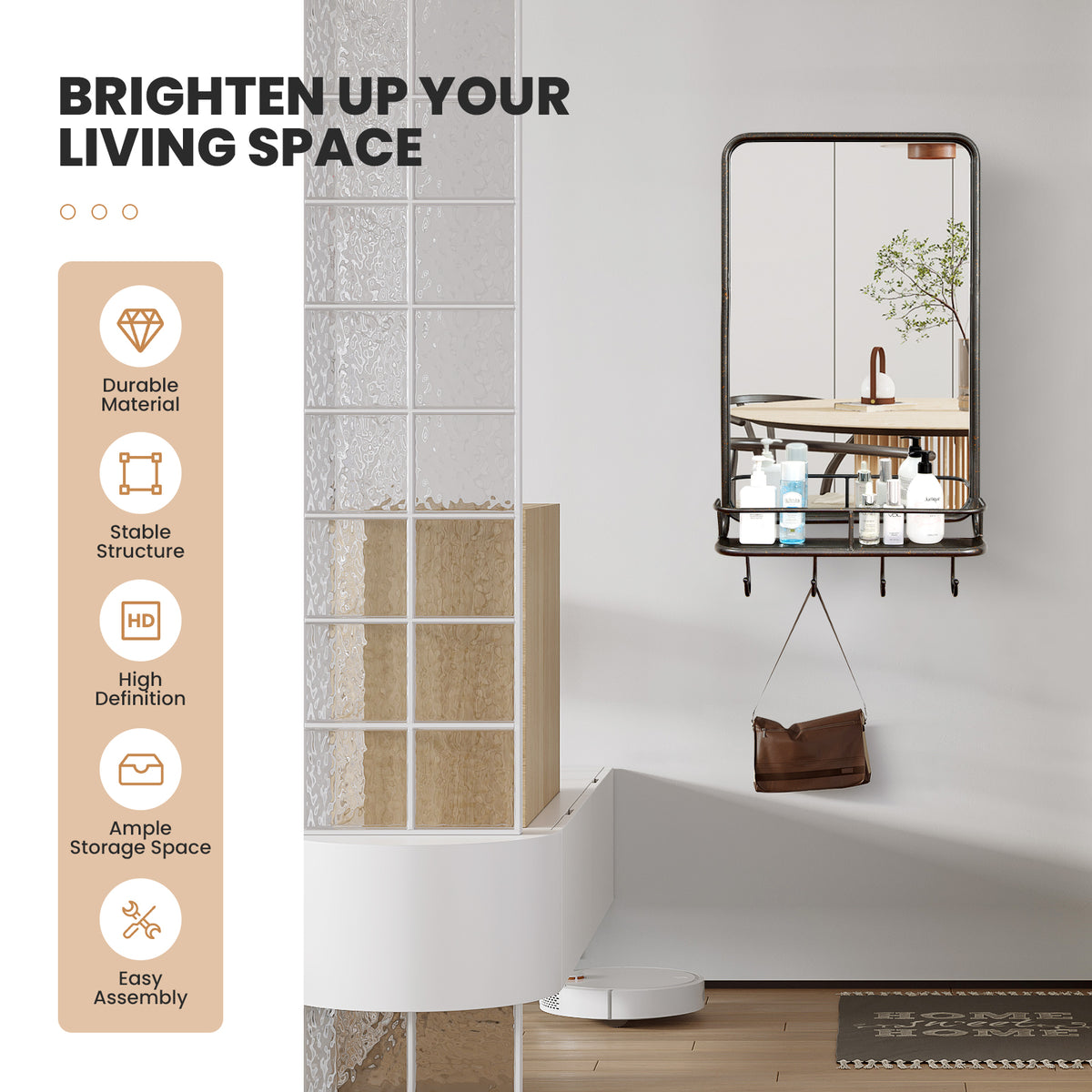 Wall Bathroom Mirror with Shelf Hooks - Metal Frame, 33x19 Inches, Shatterproof Glass, for Bedroom Living Room Entryway