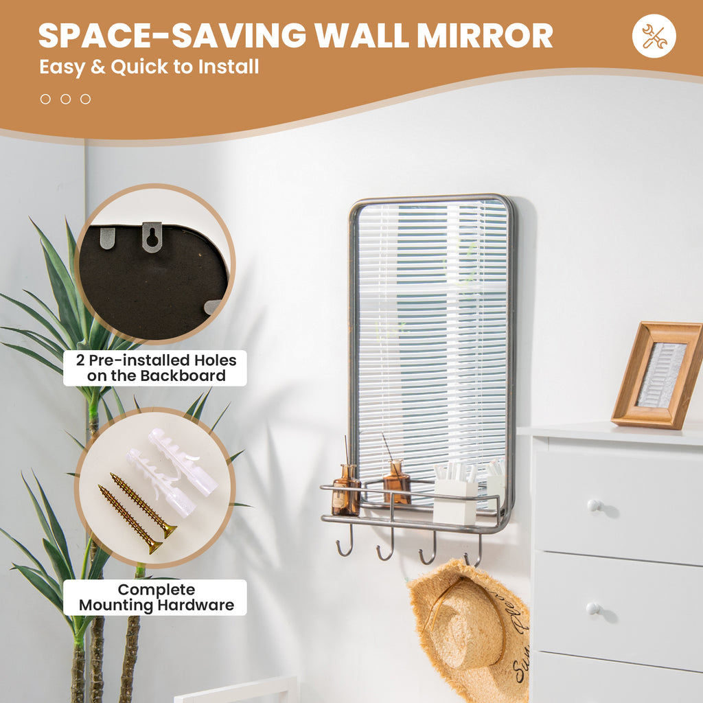 Wall Bathroom Mirror with Shelf Hooks - Metal Frame, 33x19 Inches, Shatterproof Glass, for Bedroom Living Room Entryway