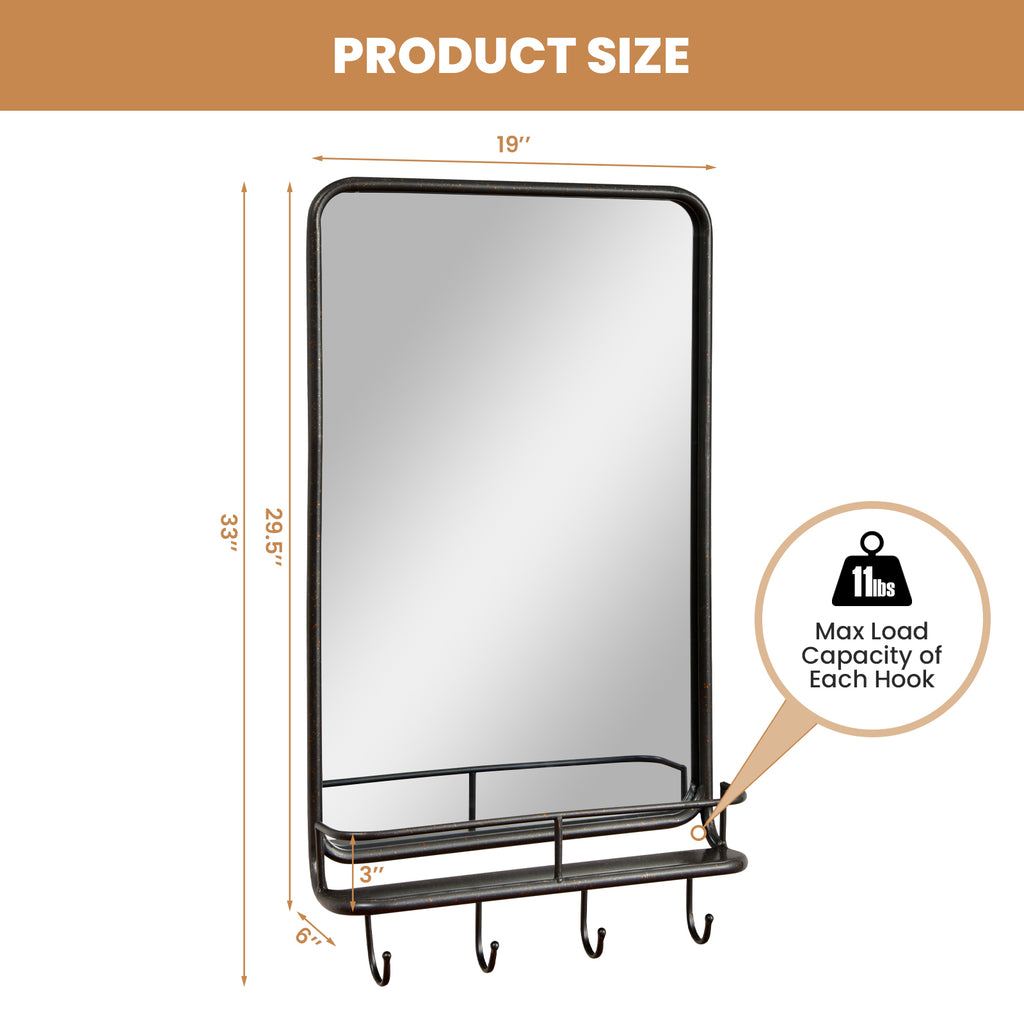 Wall Bathroom Mirror with Shelf Hooks - Metal Frame, 33x19 Inches, Shatterproof Glass, for Bedroom Living Room Entryway