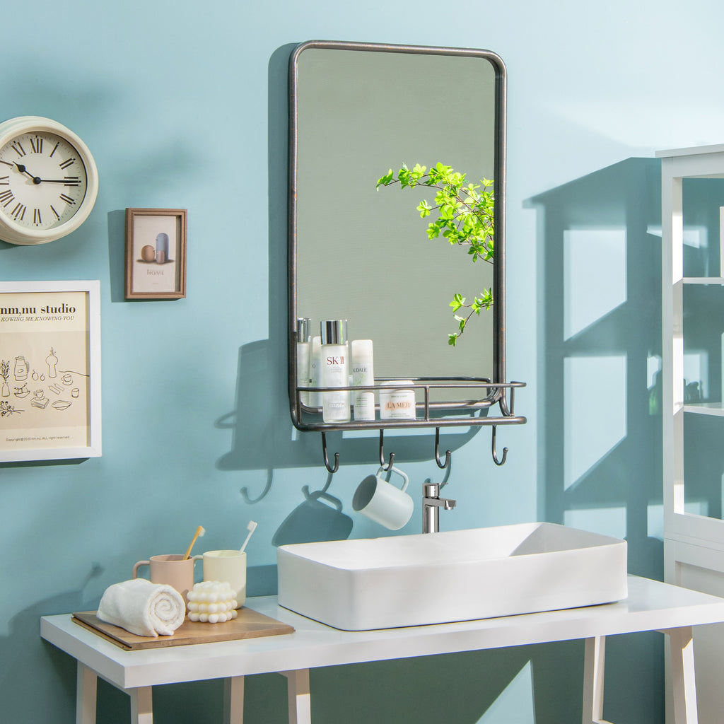 Wall Bathroom Mirror with Shelf Hooks - Metal Frame, 33x19 Inches, Shatterproof Glass, for Bedroom Living Room Entryway
