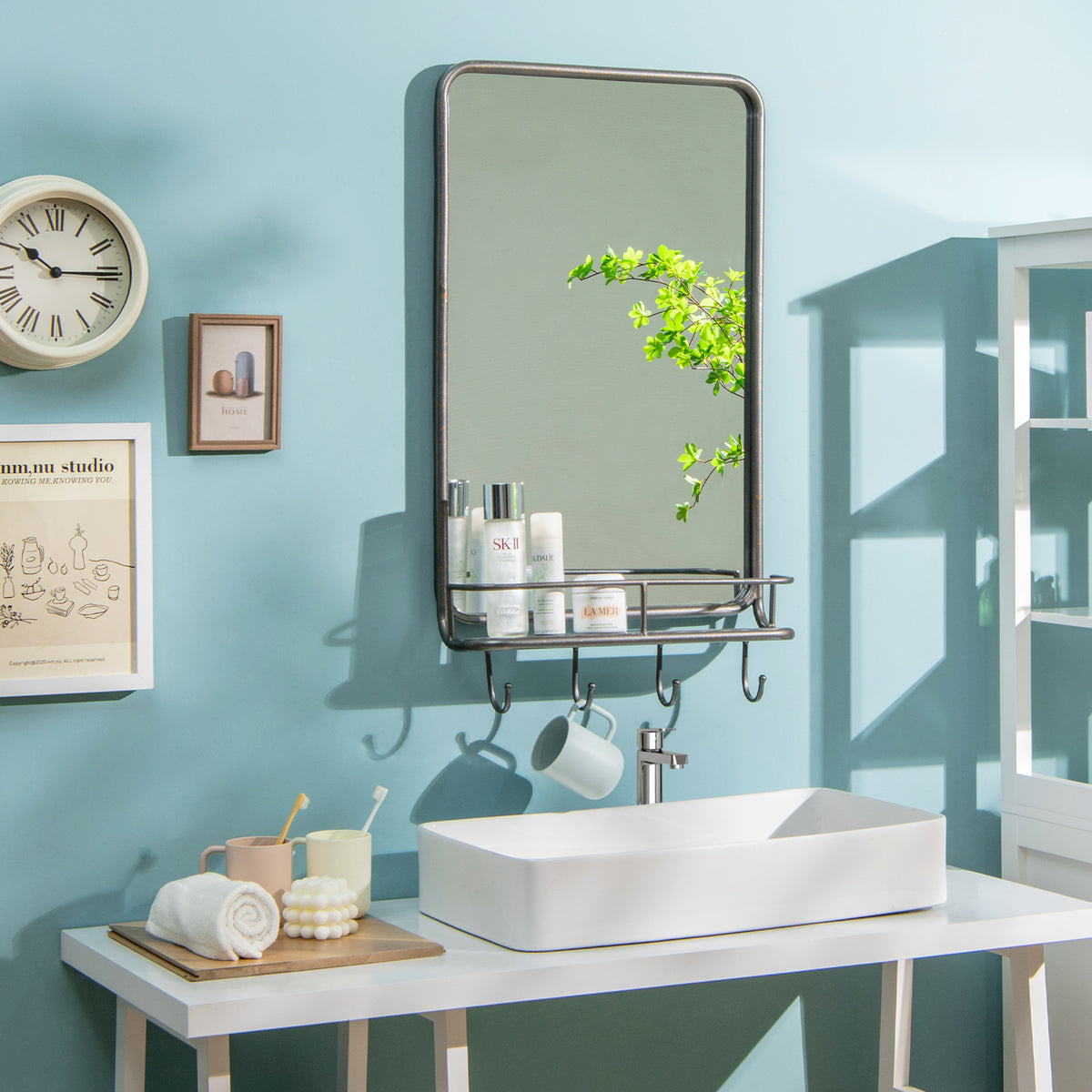Wall Bathroom Mirror with Shelf Hooks - Metal Frame, 33x19 Inches, Shatterproof Glass, for Bedroom Living Room Entryway