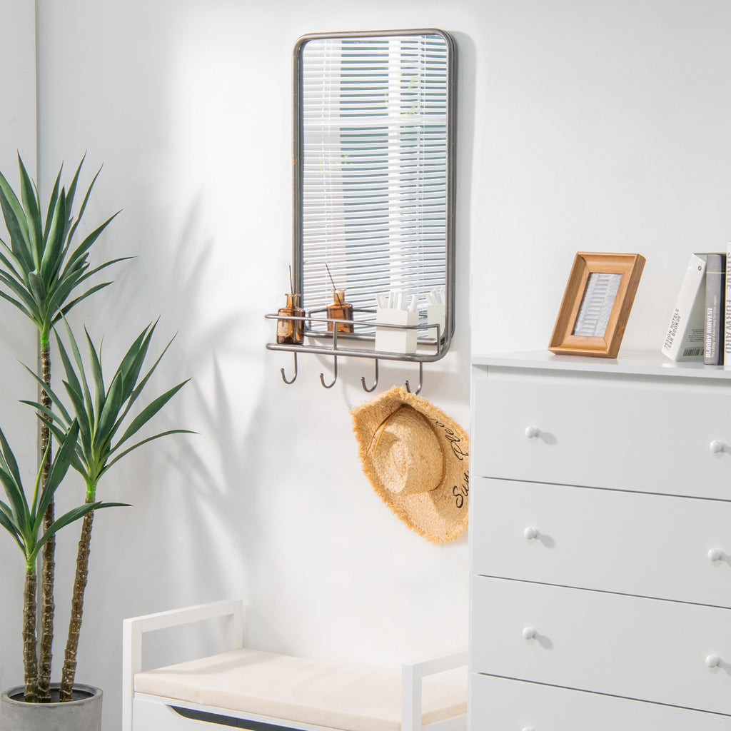 Wall Bathroom Mirror with Shelf Hooks - Metal Frame, 33x19 Inches, Shatterproof Glass, for Bedroom Living Room Entryway