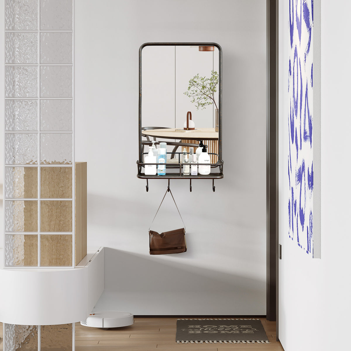 Wall Bathroom Mirror with Shelf Hooks - Metal Frame, 33x19 Inches, Shatterproof Glass, for Bedroom Living Room Entryway