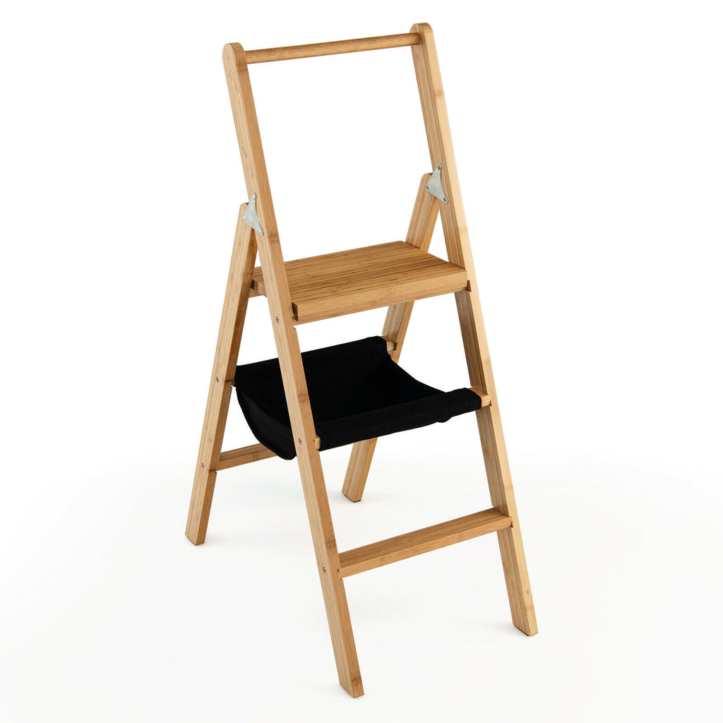 3 Step Foldable Bamboo Ladder Stool with Tool Storage Bag