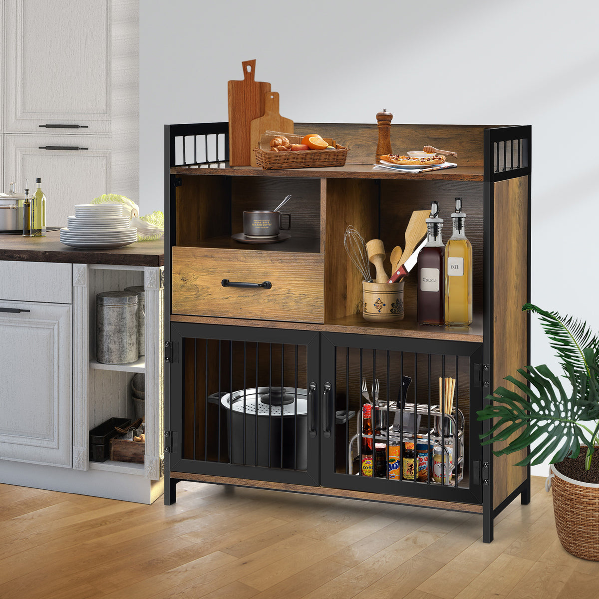 Buffet Cabinet with Drawer and Shelf Storage - Rustic Brown
