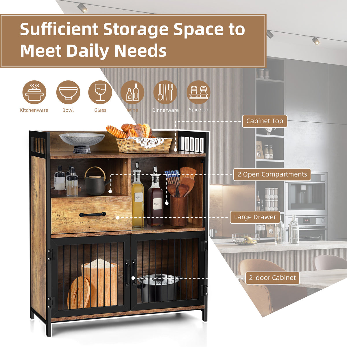 Buffet Cabinet with Drawer and Shelf Storage - Rustic Brown