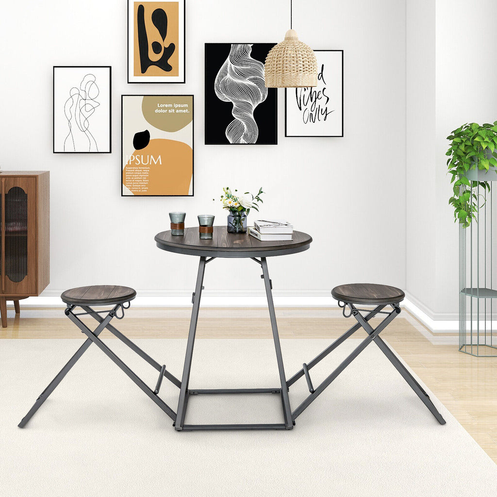 3-Piece Dining Table Set with Foldable Stools, Gray