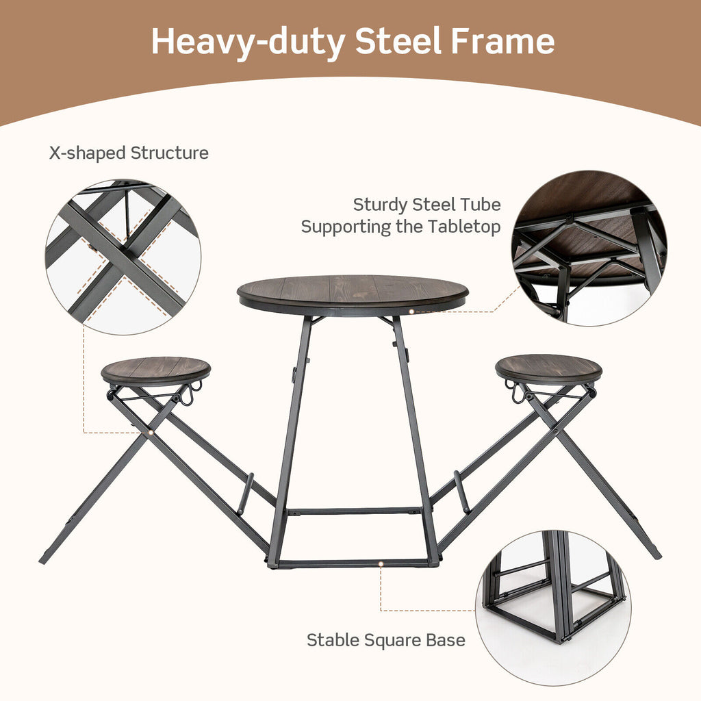 3-Piece Dining Table Set with Foldable Stools, Gray