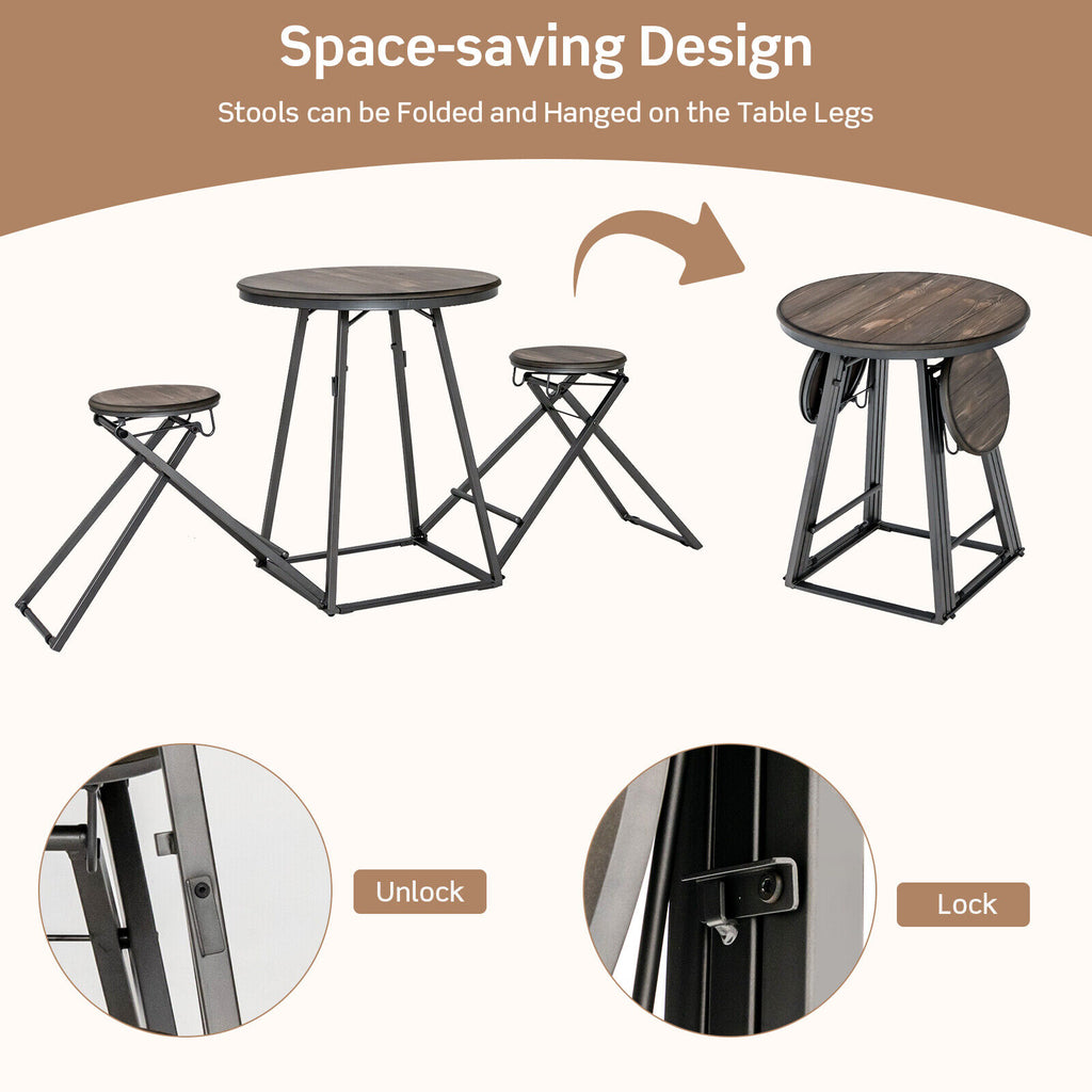 3-Piece Dining Table Set with Foldable Stools, Gray