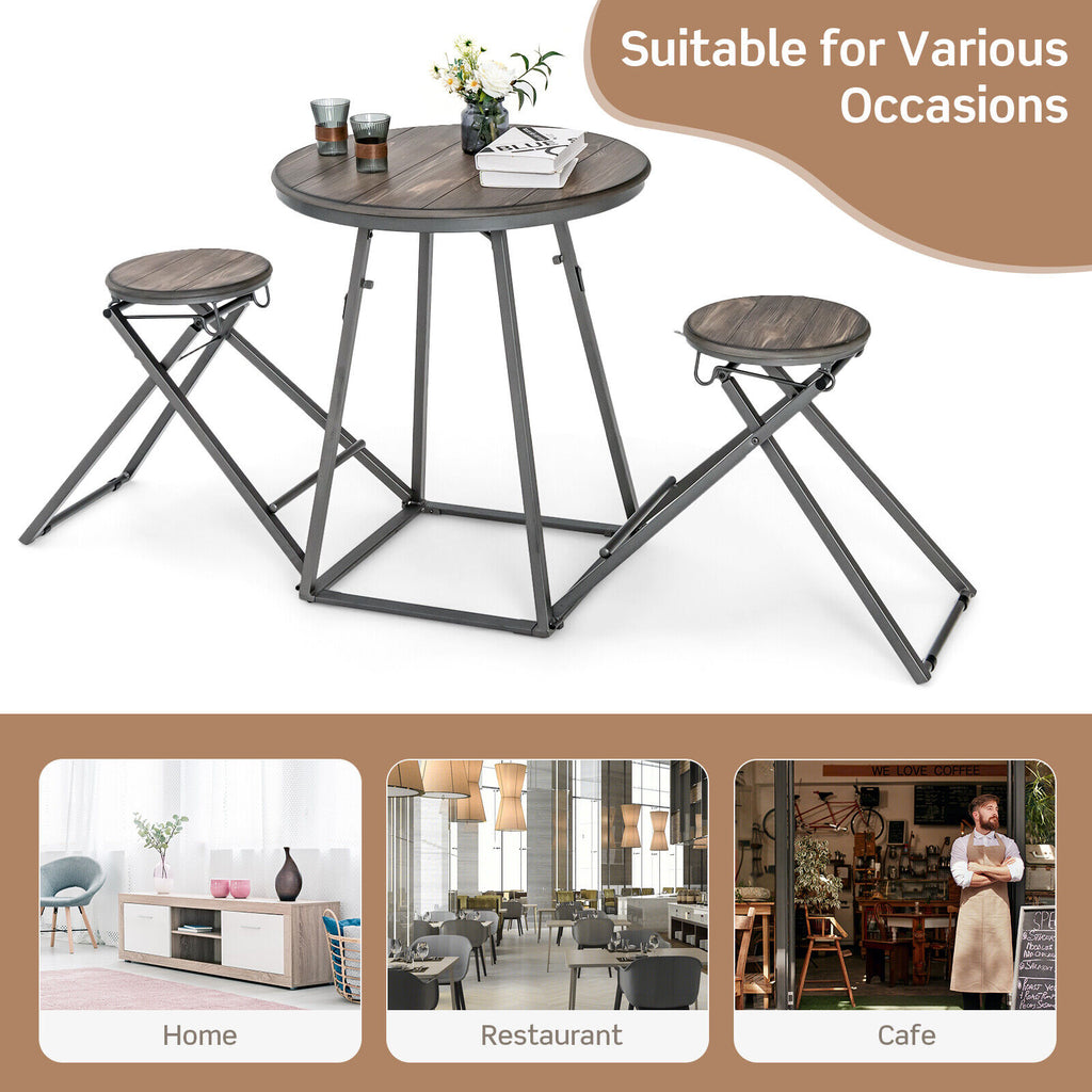 3-Piece Dining Table Set with Foldable Stools, Gray