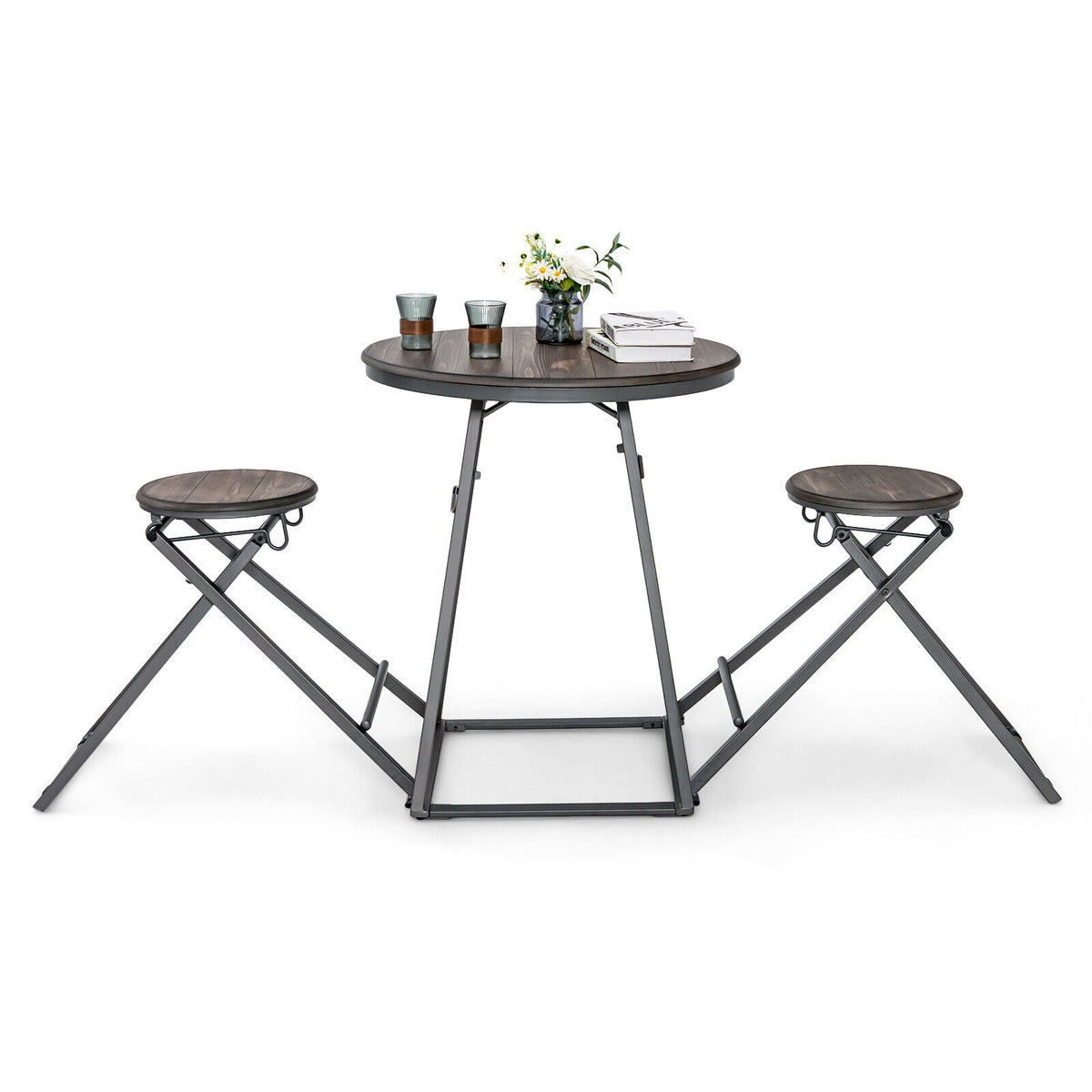 3-Piece Dining Table Set with Foldable Stools, Gray