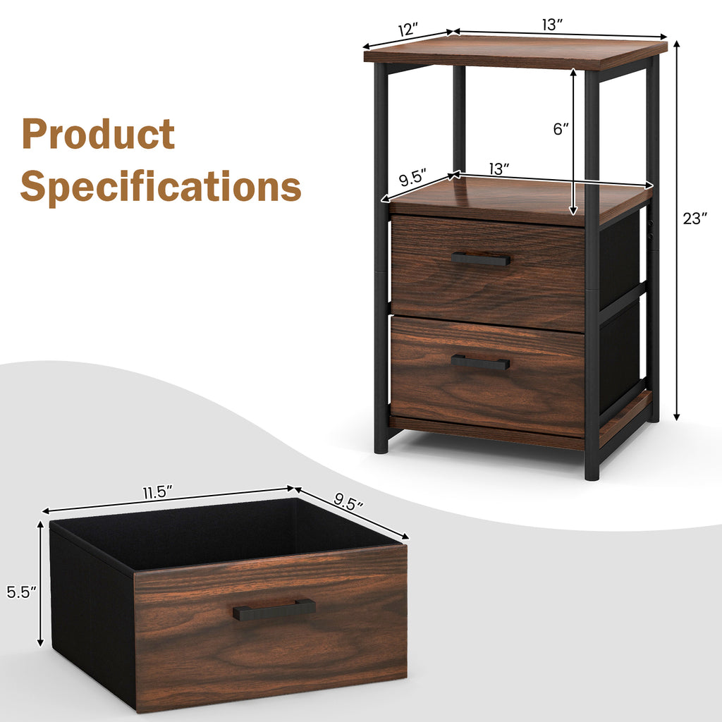 3-Tier Retro Nightstand with Fabric Drawers - Walnut