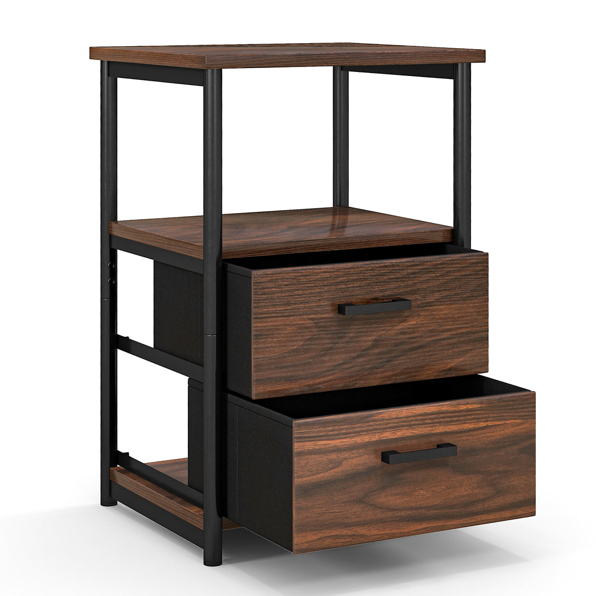 3-Tier Retro Nightstand with Fabric Drawers, Walnut