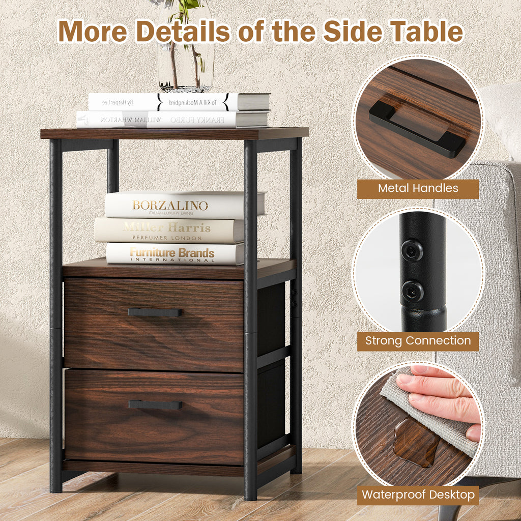 3-Tier Retro Nightstand with Fabric Drawers, Walnut